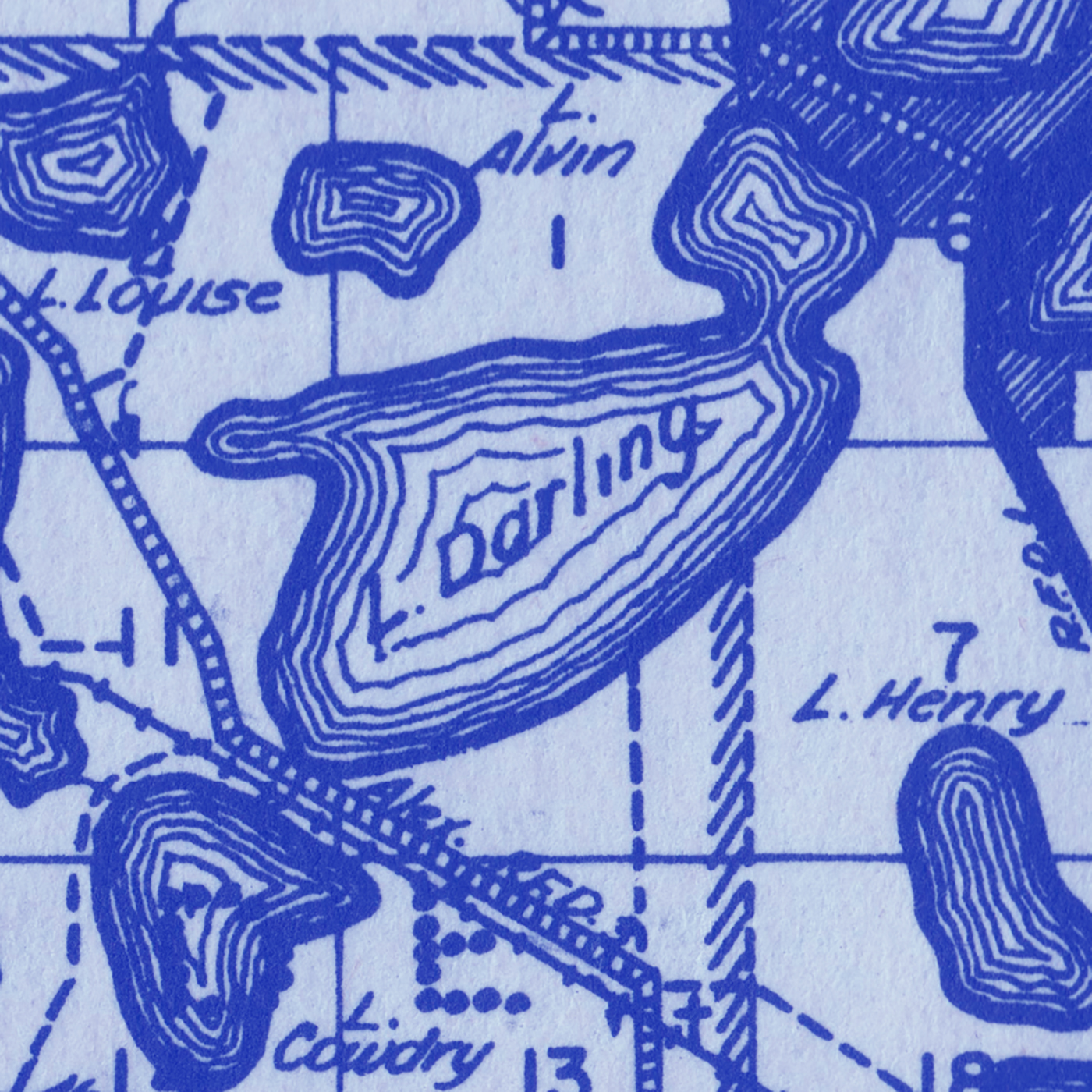 A blue-tinted segment of a historic plat map, cropped closely around lake Darling, a lake in Douglas County with a main lobe and smaller north lobe