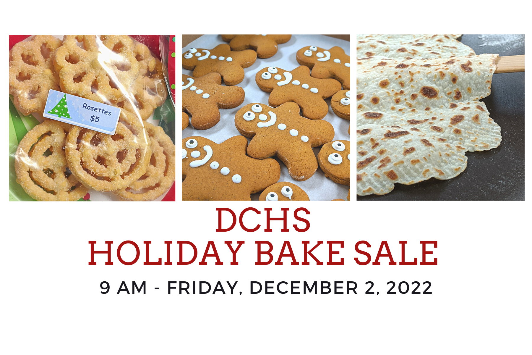 header image featuring three inset square images of baked goods: rosettes, a tray full of decorated gingerbread men, and lefse about to be flipped on the griddle